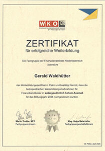 WKO Zertifikat Finanzberatung 2024 Waldhütter